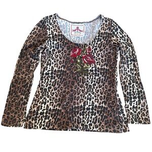 Johnny Was LongSleeve 100% Cotton Leopard Print Floral Embroidery Women’s Medium
